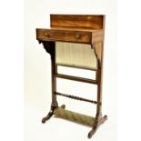 A late William IV Ladies rosewood Work Table, the pull up screen with pleated silk panel, the top