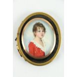 Frederick Buck (1771 - 1839)Miniature oval "Portrait of a Young boy with red top and lace collar,"