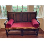 An 18th Century style walnut Bench, with four panel backs and cushioned seat on square supports,
