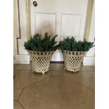 An unusual pair of cast iron basket weave Garden Planters, with interlaced flared border, 13'' x