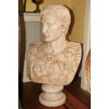 A fine composition marble Bust, of Augustus, head shoulders and chest on turned socle, 38'' x