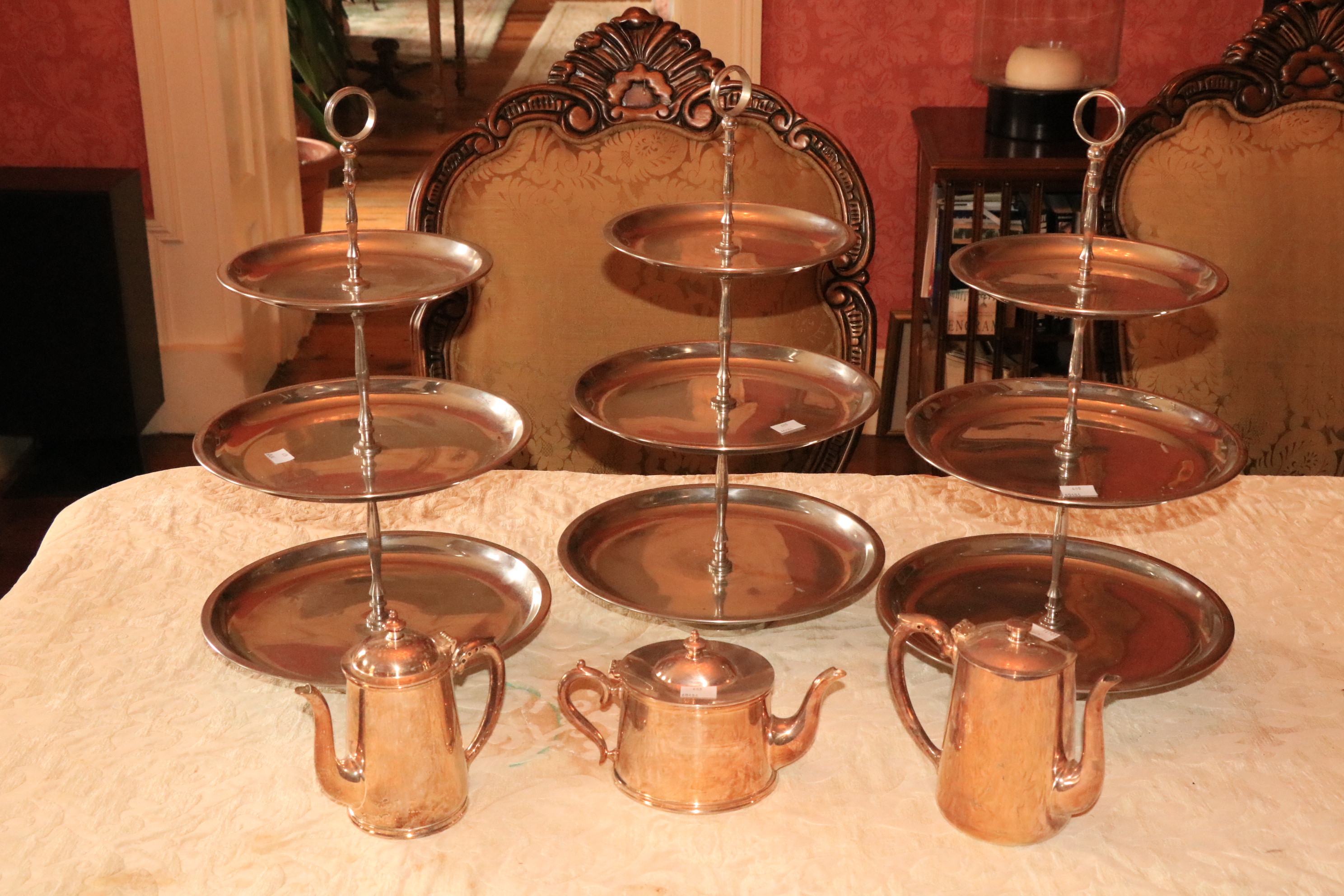 A set of 3 - three tier circular Afternoon Tea, Sandwich and Cake Stands, with ring handles, a