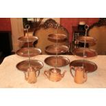 A set of 3 - three tier circular Afternoon Tea, Sandwich and Cake Stands, with ring handles, a