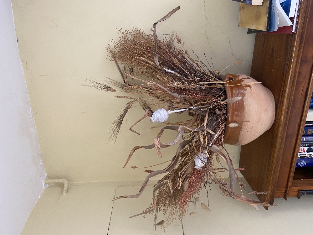 A two handled Planter, with dried flowers, a tall stoneware Vase with floral decoration, a blue - Image 3 of 3