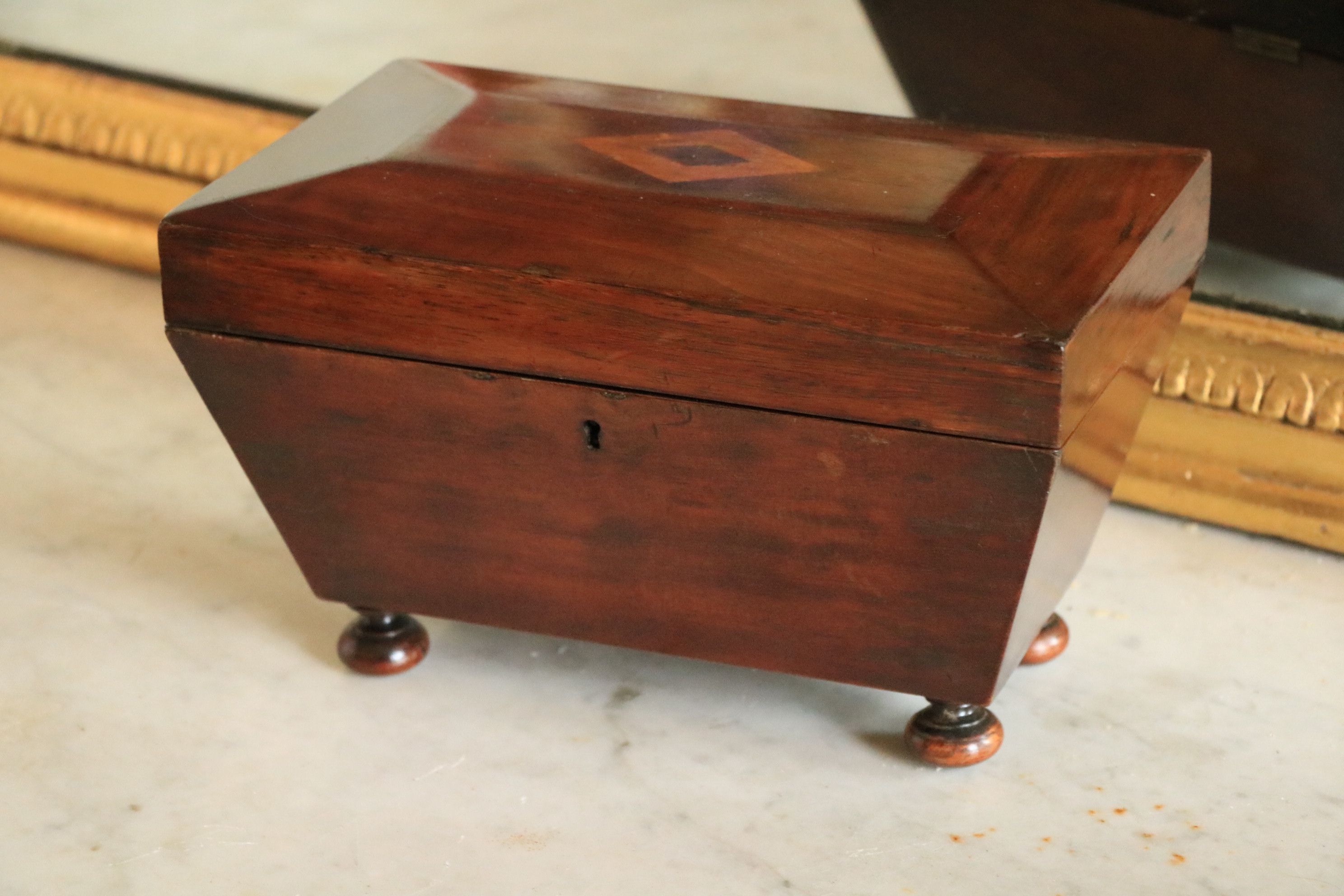 A William IV period mahogany Tea Caddy, of casket form on ball feet, 10'' (25cms). (1)