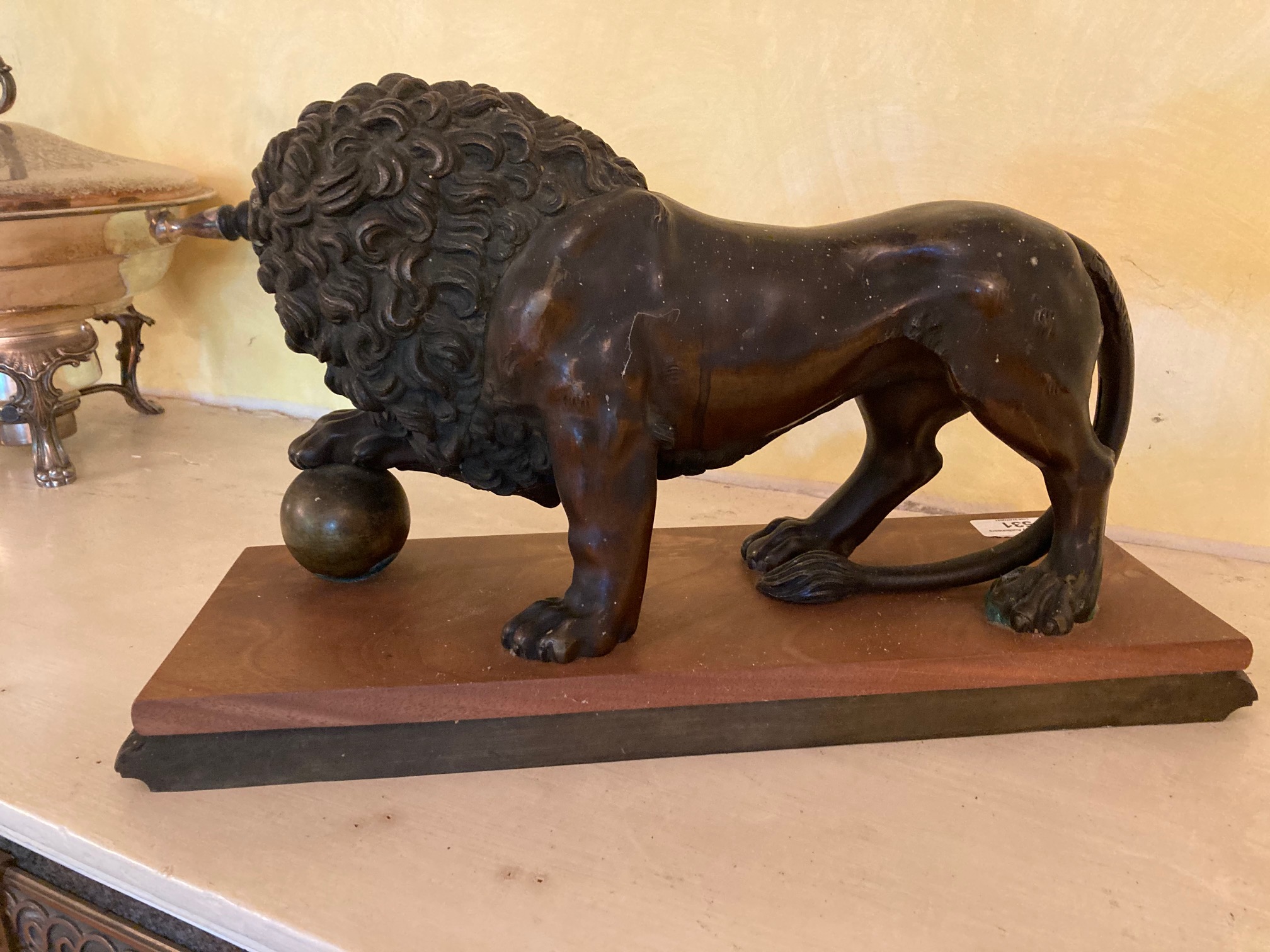 A bronze Figure of a Medici Lion, with right front paw on a sphere, on bronze and wooden base, - Image 3 of 6