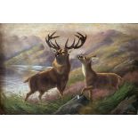 Robert Cleminson (Act. c. 1864-1903) ''Stag and Doe by a Highland Lough,'' O.O.C., 20'' x 30'' (