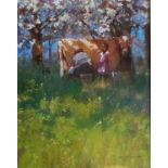 John Harkins, 20th Century Irish School ''Milking in the Orchard,'' O.O.B., approx. 30cms x 24cms (