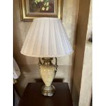 An attractive pair of amphora shaped two handled faux brass and marble Table Lamps, with ivory