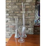 Two tall Art Glass Flower Vases, 40'' (102cms), and another plain glass Trumpet shaped Vase, 14'' (