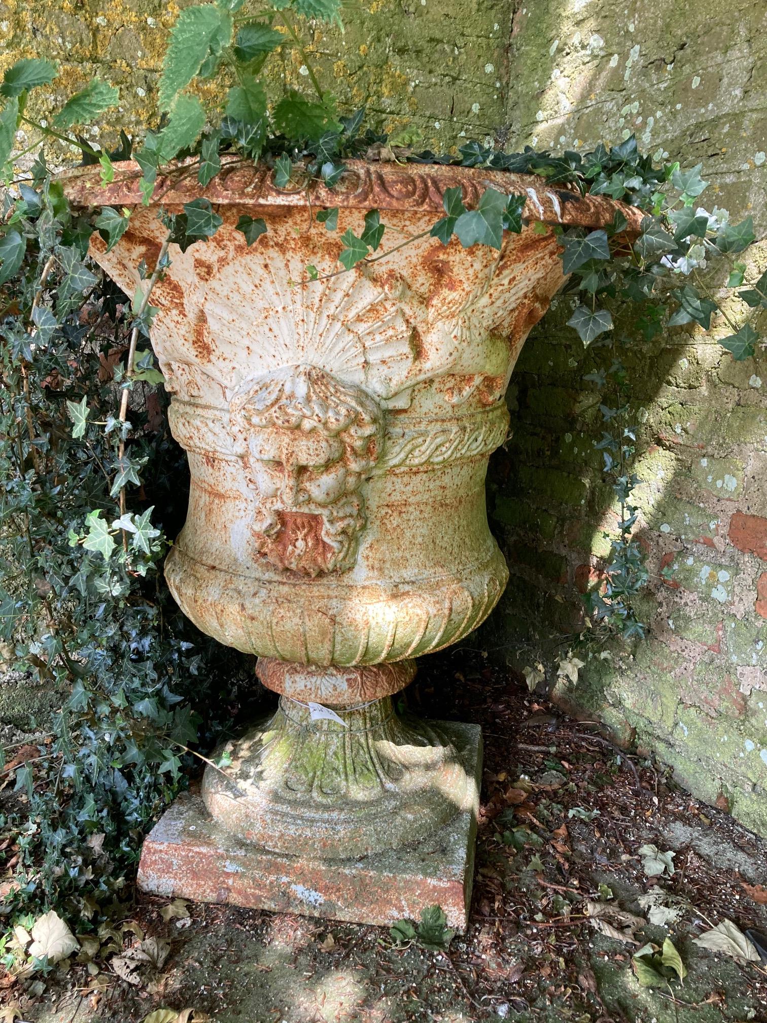 A very fine pair of heavy compana shaped cast iron Garden Urns, each with egg and dart folded rim - Image 8 of 8