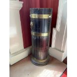 A cylindrical brass bound oak Stick & Umbrella Stand, with lion mask handles, 31'' (78cms). (1)