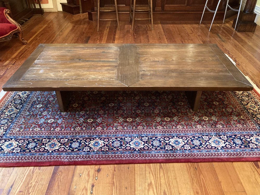 A large rectangular plank top rustic low Occasional Table, on rectangular plank supports, 79'' x