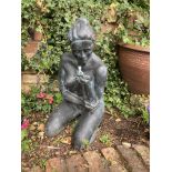 Edith Guillene  A very attractive bronze Garden Figure of a nude girl kneeling, holding a small bird