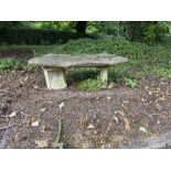 Two similar composition Garden Benches, with curved rectangular seat on two circular plinths,