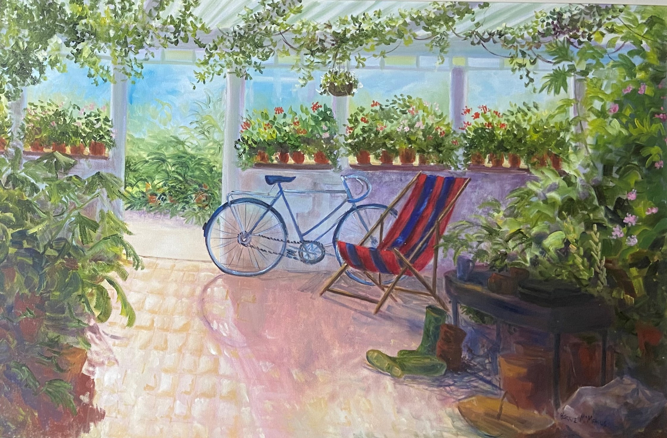 Harrie Mc Manus   20th Century ''The Conservatory with Bicycle and Deck Chair,'' signed, O.O.C.,