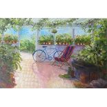 Harrie Mc Manus   20th Century ''The Conservatory with Bicycle and Deck Chair,'' signed, O.O.C.,