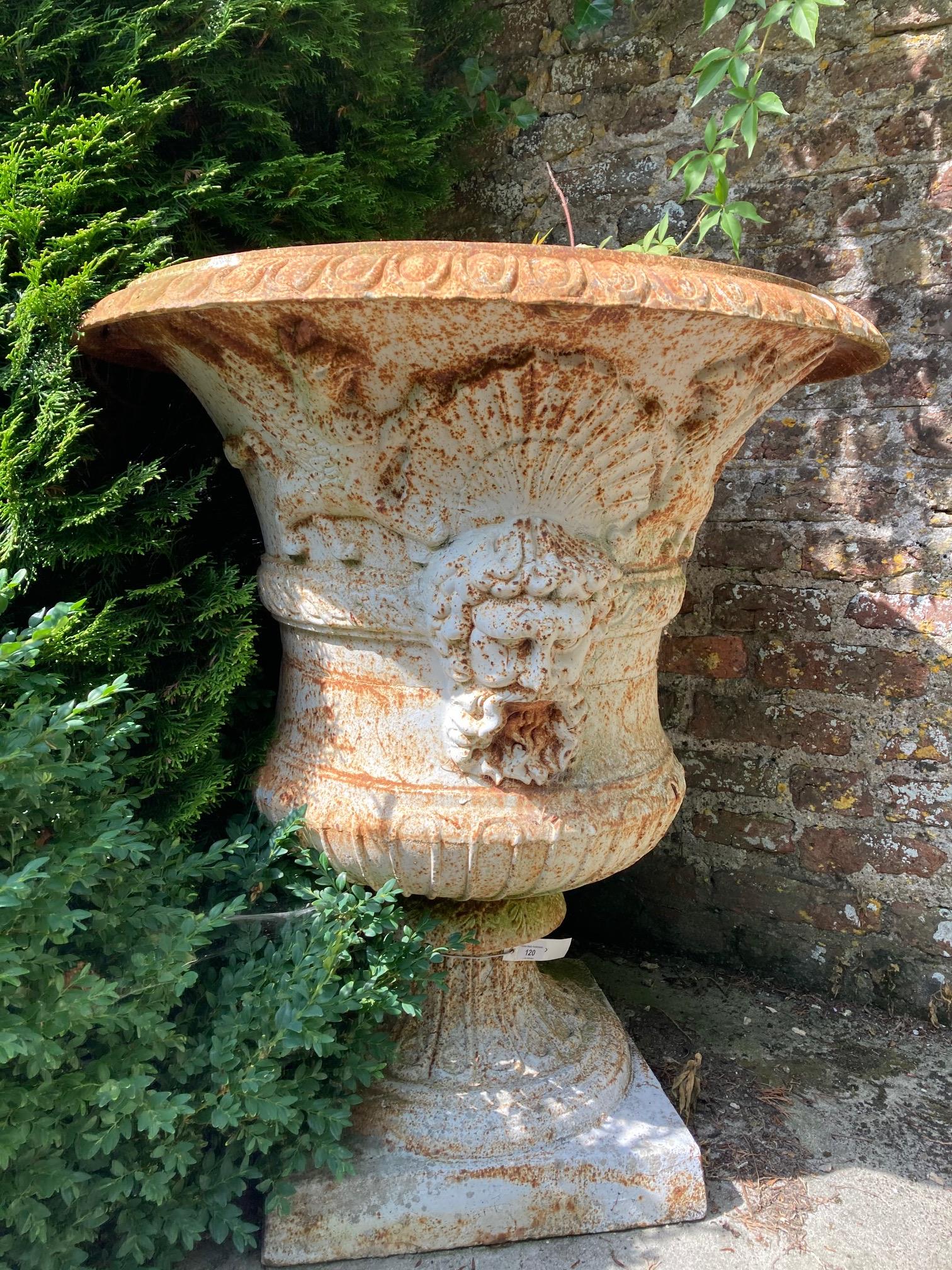 A very fine pair of heavy compana shaped cast iron Garden Urns, each with egg and dart folded rim - Image 6 of 8