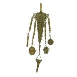 A 19th Century gilt brass Chatelain,ÿwith five suspender chains, with pin cushion, a thimble holder,