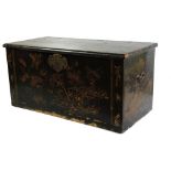 An 18th Century chinoiserie lacquered lift top Chest, decorated with exotic birds and foliage in the