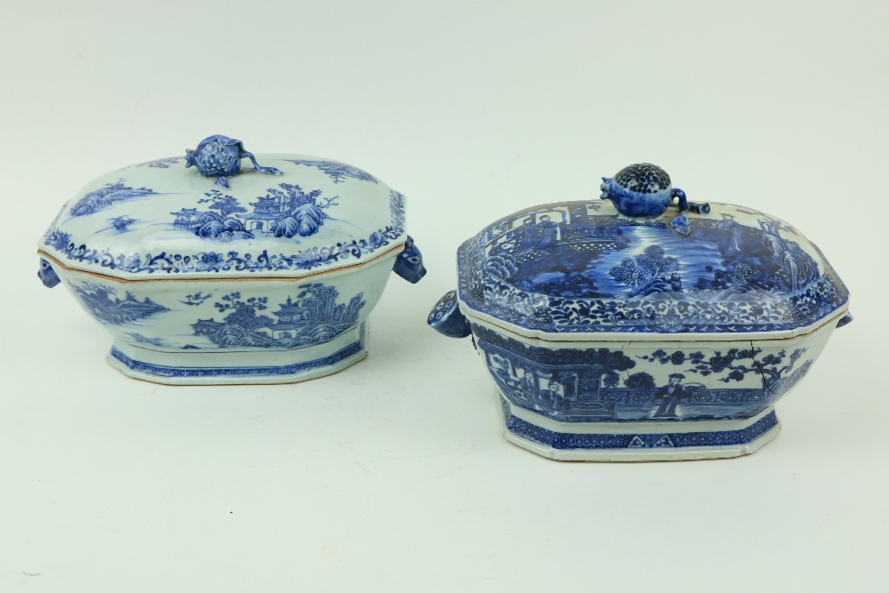 A Chinese blue and white Nankin Tureen and Cover, decorated with lake scene, with pomegranate finial