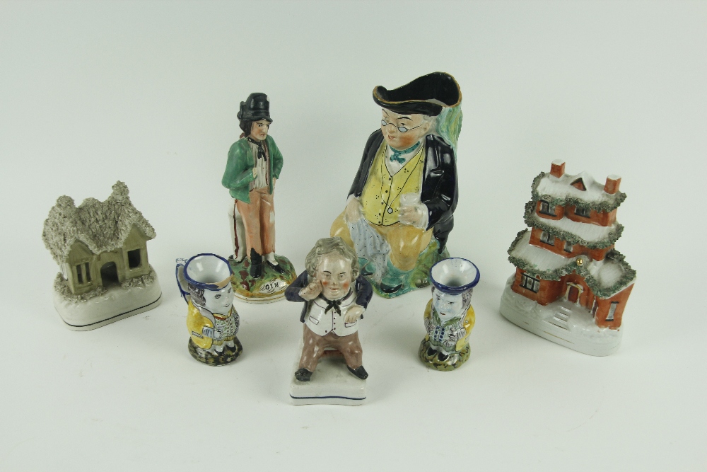 A 19th Century Staffordshire Toby Jug, 8 1/2" (22cms), a Staffordshire Cottage Pastille Burner, a