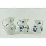 A set of three 18th Century blue and white Worcester leaf moulded Mask Jugs, of graduating form,