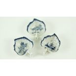 A set of 3 late 18th Century / early 19th Century chinoiserie decorated blue and white leaf shaped
