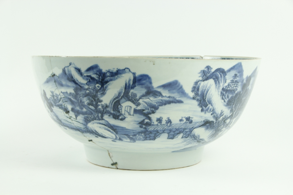 A large blue and white Chinese Qianlong period (1736 - 1795) Punch Bowl, decorated with landscape - Image 2 of 2