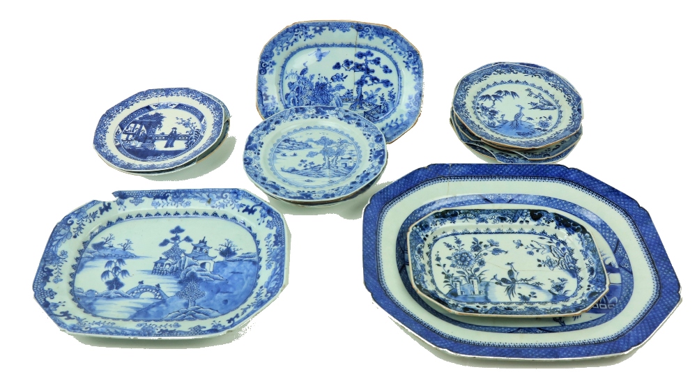 A large blue and white Platter, of rectangular form, decorated with river landscape and pagodas,
