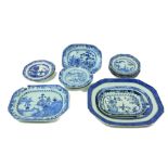 A large blue and white Platter, of rectangular form, decorated with river landscape and pagodas,