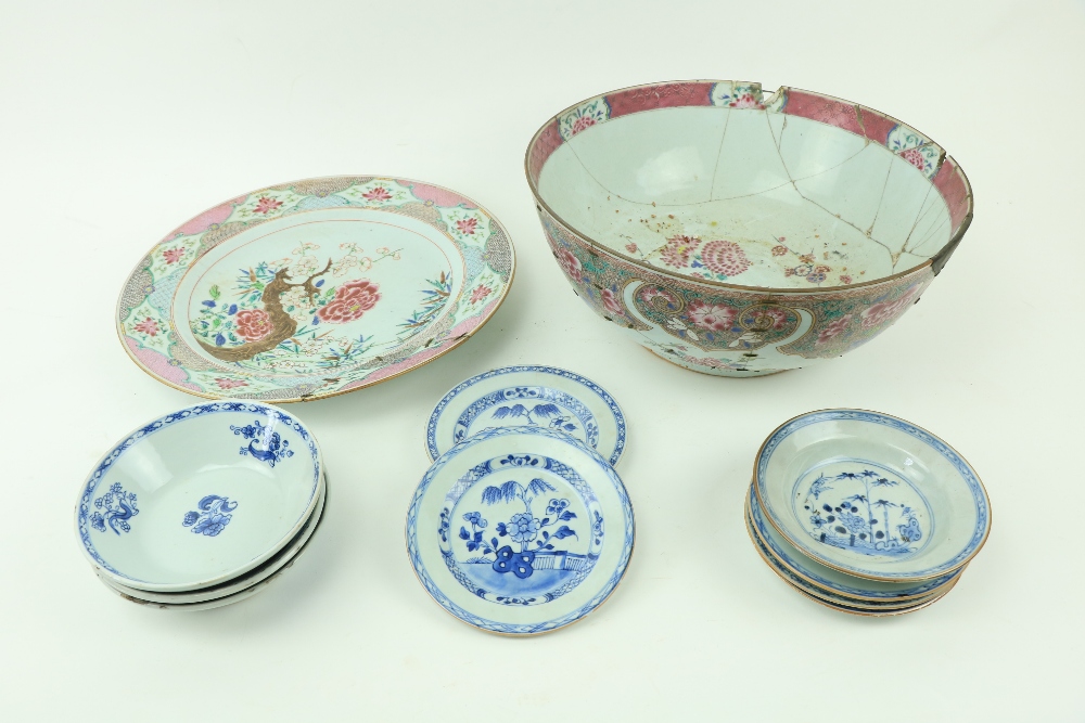 A Chinese blue and white porcelain Bowl, 5 1/4" (14cms), three similar late 18th Century Bowls 7" (