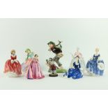 Six Royal Doulton porcelain Figures, of Ladies in ball gowns; an Austrian porcelain Figure of a