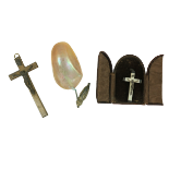 A small mother-o-pearl and silver Crucifix,ÿin arched leather table case, another large late