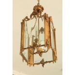 A very fine pair of rococo style French brass Hall Lanterns, each with four glazed panels, united by