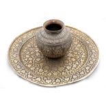 A 19th Century Indian white metal overlaid copper Bowl, 6" (15cms) and a similar Indian Tray, 17 1/