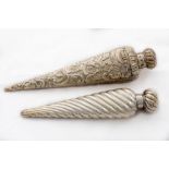 A Victorian silver Perfume Flask, of conical spiral reeded form with conforming hinged cover, 8" (