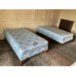 Two single Beds, by Hiltonia, covered in blue fabric, 6' x 3', sold as a lot, w.a.f. (2)