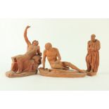 A good terracotta Figure, of the Dying Gaul, 13" (33cms), another of a cloaked bearded Man on square
