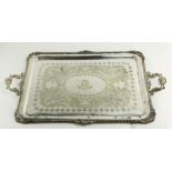 A rectangular silver plated and crested two handled Serving Tray, with gadroon and shell edge and