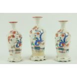 A fine garniture of 3 early Bow Kakiemon Vases, each of oviform with flared necks decorated in the