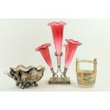 A Victorian silver plated and cranberry glass 6 piece Epergne or Table Centre, 17" (43cms); together