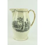 A large 18th Century English creamware transfer printed polychrome Jug, depicting architecture,