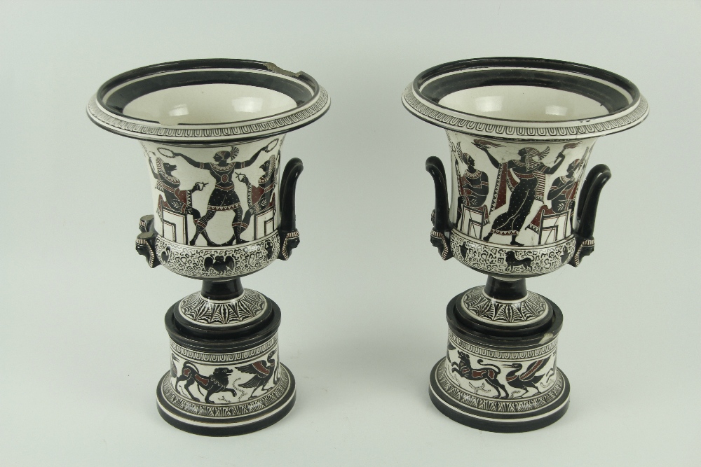 A set of 3 Greek Revival 19th Century Neo-classical painted Vases, in red, black and white, with