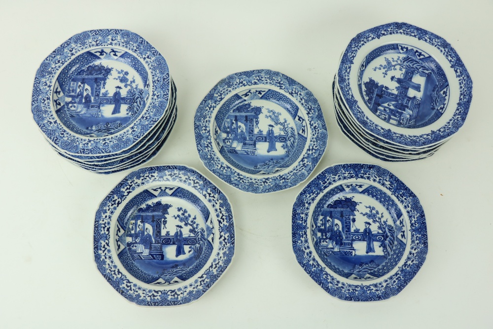 A very good set of 17 - 18th Century blue and white Chinese Bowls, each of octagonal form and