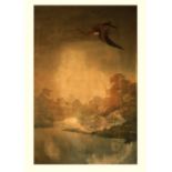 19th Century Japanese Silk Tapestryÿ "Heron and Crane in Flight," signed in script bottom left, gilt