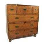 A Victorian brass bound walnut Secretaire Military Chest, the upper middle section with a drop front