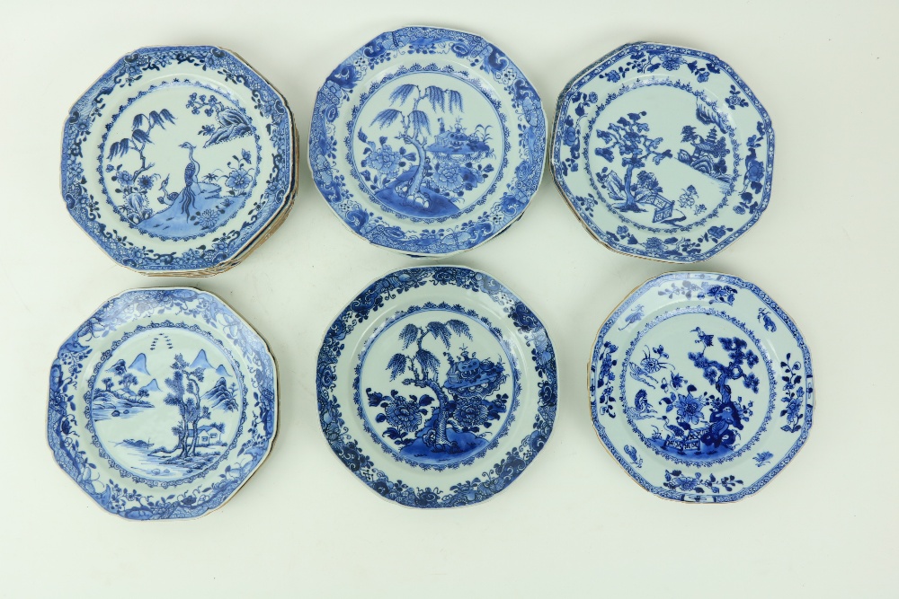 A set of 6 - 18th Century Chinese blue and white Phoenix Plates, each of octagonal form and 10 other