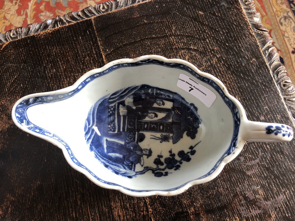 A Chinese blue and white Xiangshi porcelain Sauceboat, the interior decorated with figures on a - Image 9 of 10