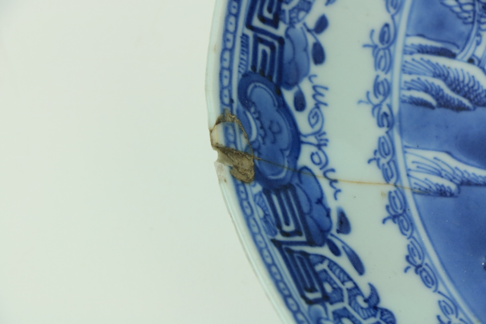 A pair of Kangshi blue and white Chinese porcelainÿDishes, each decorated with figures and - Image 2 of 3